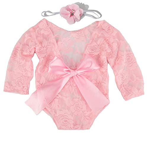 iSpchen Baby Newborn Fotografie Requisiten, 2 Stück Baby Infant Spitze Strampler Foto Requisiten, Spitze Bodysuit + Haarband, Rosa von iSpchen