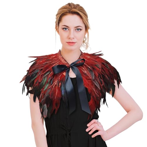 iSpchen Feder Poncho Kragen Cape Stola Schal Paillettenquaste Gothic Federkragen Achselzucken Schalkragen Schulteraccessoires Federumhang für Foto Requisite Party Kleidung,Groß Rot von iSpchen