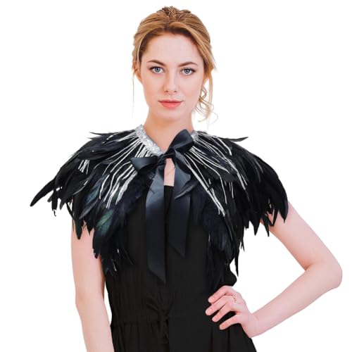 iSpchen Feder Poncho Kragen Cape Stola Schal Paillettenquaste Gothic Federkragen Achselzucken Schalkragen Schulteraccessoires Federumhang für Foto Requisite Party Kleidung,Schwarz von iSpchen