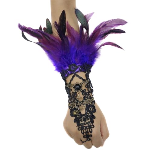 iSpchen Federhandschuhe Gothic Manschetten Armbänder Halloween Kostüm 1920er Federarmdekoration Flapper Handschuhe Spitze Federhandzubehör Party Maskerade Lila von iSpchen