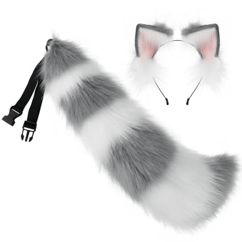 iSpchen Fox Ears Headband and Tail Set Fuchsschwanz Fake Tail Kunstfellschwanz Fuchs Schwanz Handgefertigtes Fell Fuchs Katzenohren Stirnband für Fasching Halloween,grau weiß von iSpchen