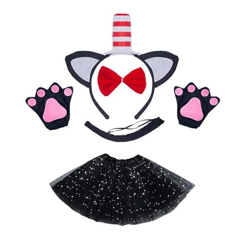 iSpchen Katzenohr Stirnband mit Hut Schwanz Set Haarreifen Fliege Tier Kostümzubehör Set Faschingskostüm für Kinder Karneval Party Kostüm Partyzubehör,#08 von iSpchen