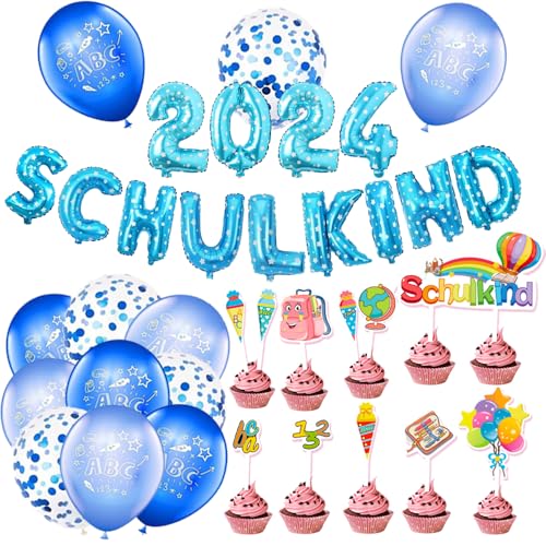 Einschulung Deko Set für Junge, Blau Schuleinführung Schulanfang Deko Luftballons mit ABC 123 Motiv + SCHULKIND Folienballoon Girlande + 2024 Folienballon Banner + SCHULKIND Tortendeko für Jungen von iWheat