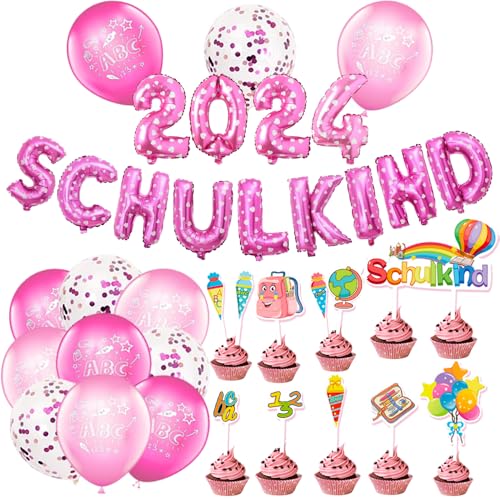 Einschulung Deko Set für Mädchen, Rosa Schuleinführung Schulanfang Deko Luftballons mit ABC 123 Motiv + SCHULKIND Folienballoon Girlande + 2024 Folienballon Girlande + SCHULKIND Tortendeko für Mädchen von iWheat