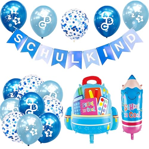 Einschulung Jungen Deko, Schuleinführung Schulanfang Deko für Jungen, Blau Grün SCHULKIND Girlande, Pencil Schultüte Folienballons, Schuleinführung Schulanfang Deko Luftballons mit ABC 123 motiv von iWheat