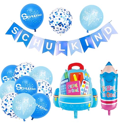 Einschulung Jungen Deko, Schulkind Junge, Blaue Schuleinführung Schulanfang Deko, Blau Grün SCHULKIND Girlande + Pencil Schultüte Folienballons + Schulkind Latexballons mit ABC 123 Zuckertüte motiv von iWheat