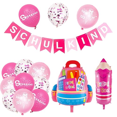 Einschulung Mädchen Deko, Schulkind Mädchen, Rosa Schuleinführung Schulanfang Deko, Rosa SCHULKIND Girlande + Pencil Schultüte Folienballons + Schulkind Latexballons mit ABC 123 Zuckertüte motiv von iWheat