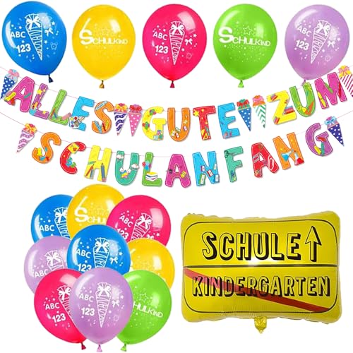 Einschulung Schulanfang Schuleinführung Deko, Einschulung Deko Jungen Mädchen, Alles Gute zum Schulanfang Girlande + Schulkind Luftballons + Folienballon Schulkind Einschulung Deko für Junge Mädchen von iWheat