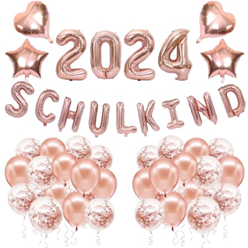 Einschulung Schulanfang Schuleinführung Deko Jungen Mädchen, Rosegold Einschulung Deko Set, SHULKIND Folienballon Girlande, 2024 Folienballon Girlande, Herz Stern Folienballon, Konfetti Luftballons von iWheat