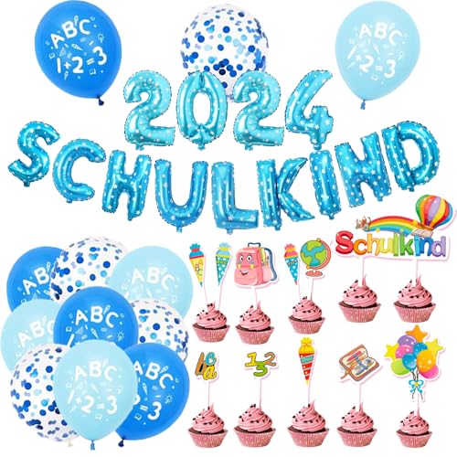 Einschulung Schuleinführung Schulanfang Deko Set für Jungen, Einschulung Junge Deko Blau, SCHULKIND Blau Banner + 2024 Folienballon Banner + Latexballons mit ABC Motiv + SCHULKIND Tortendeko von iWheat