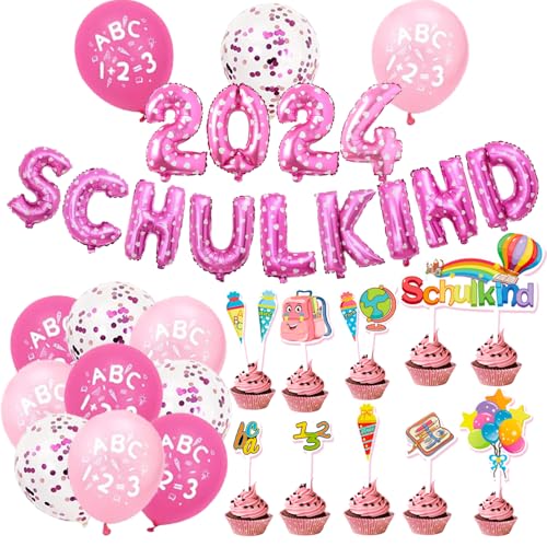 Einschulung Schuleinführung Schulanfang Deko Set für Mädchen, Einschulung Mädchen Deko Rosa, SCHULKIND Rosa Banner + 2024 Folienballon Banner + Latexballons mit ABC Motiv + SCHULKIND Tortendeko von iWheat