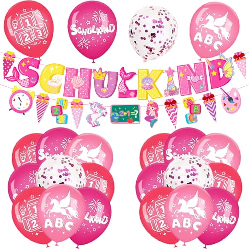 Einschulung Schuleinführung Schulanfang Deko Set für Mädchen, Rosa Einhorn Schulanfang Mädchen Deko, SCHULKIND Banner + Zuckertüte Girlande + Luftballons mit ABC 123 SCHULKIND Motiv + Konfetti Ballons von iWheat