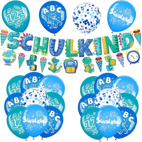 Einschulung Schuleinführung Schulanfang Deko für Junge, Blaue Dinosaurier Schulanfang Jungen Deko, SCHULKIND Banner + Zuckertüte Girlande + Luftballons mit ABC 123 SCHULKIND Motiv + Konfetti Ballons von iWheat