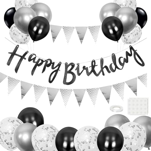 Geburtstag Dekoration Set, Silber Schwarz Geburtstagsdeko, Party Deko Geburtstag Set mit Happy Birthday Banner Konfetti Ballons Dreiecksflaggen Girlanden für Geburtstag Deko Supplies von iWheat