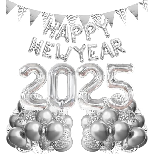 Happy New Year Deko 2025, Silvester Dekoration 2025, Deko Silvester Party 2025, Happy New Year 2025 Folienballon Banner, Silber Konfetti Luftballons für Silvesterpartydeko Neujahrsdeko Accessoire von iWheat