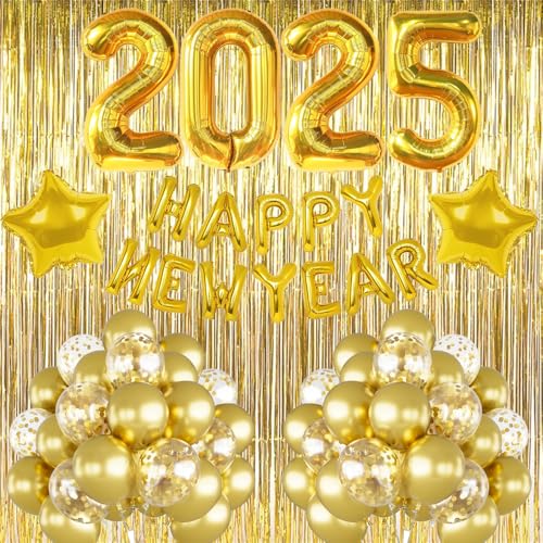 Happy New Year Deko 2025, Silvester Dekoration 2025, Happy New Year 2025 Folienballon Banner, Gold Lametta Vorhang, Gold Konfetti Luftballons für Silvesterpartydeko Neujahrsdeko Accessoire von iWheat