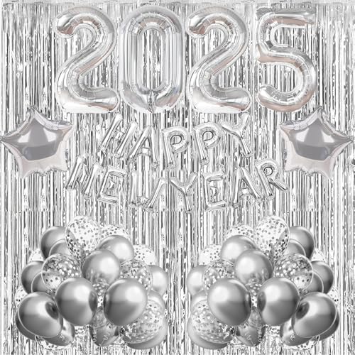 Happy New Year Deko 2025, Silvester Dekoration 2025, Happy New Year 2025 Folienballon Banner, Silber Lametta Vorhang, Silber Konfetti Luftballons für Silvesterpartydeko Neujahrsdeko Accessoire von iWheat