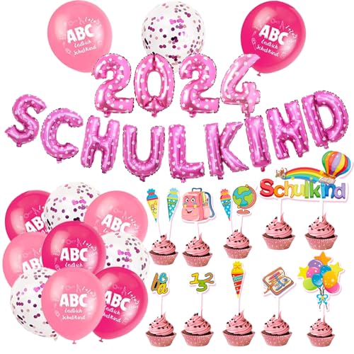 SCHULKIND Deko Einschulung Mädchen, Rosa SCHULKIND Folienballon Girlande + 2024 Folienballon Girlande + 18 Schulanfang Schuleinführung Deko Luftballons mit ABC Motiv + 13 SCHULKIND Tortendeko von iWheat