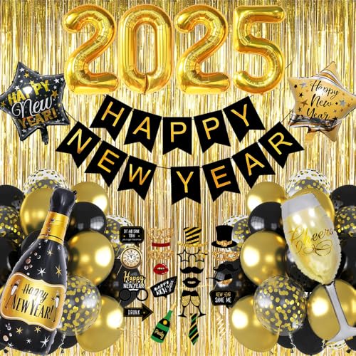 Silvester Deko 2025 Party Set, Silvester Deko 2025 XXL Dekoration, 2025 Folienballons, Happy New Year Girlande, Gold Lametta Vorhang, Schwarz Gold Luftballons,Fotorequisiten Neujahrsdeko Silvesterdeko von iWheat