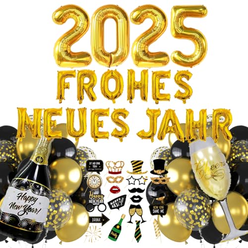 Silvester Deko 2025 XXL, Neujahr Partydeko, FROHES NEUES JAHR Girlande, 2025 Folienballon, Fotorequisiten, Champagner, Weinglas, Konfetti Luftballons Gold für Silvester Neujahr 2025 Party Deko von iWheat