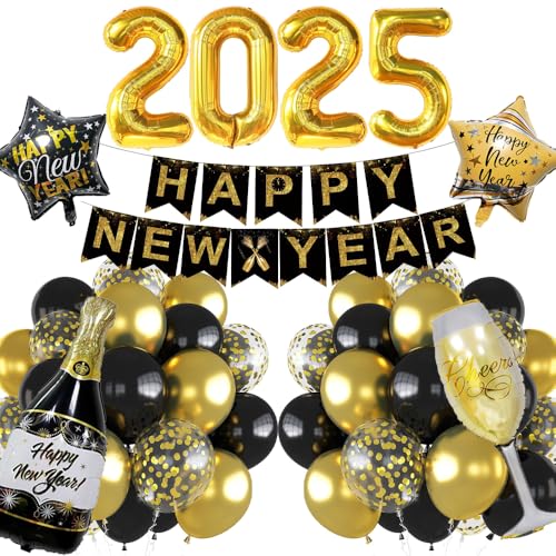 Silvester Deko Party 2025, Deko Silvester Party 2025, Schwarz Gold Neujahr Dekoration Set mit Happy New Year Deko Girlande, 2025 Folienballons, Champagner/Stern Folienballons für Neujahr Deko 2025 von iWheat