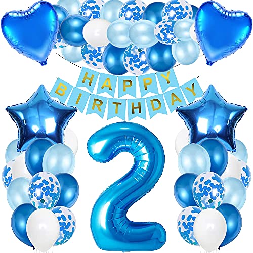 iWheat Luftballon 2. Geburtstag Blau, Deko 2. Geburtstag Junge, Geburtstagsdeko 2 Jahr Junge, Riesen Folienballon Zahl 2, Happy Birthday Banner Folienballon Zahl 2 für Kinder Junge von iWheat