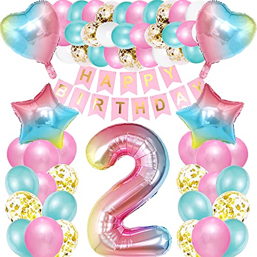 iWheat Luftballon 2. Geburtstag Rosa, Deko 2. Geburtstag Mädchen, Geburtstagsdeko 2 Jahre Mädchen, Riesen Folienballon Zahl 2, Happy Birthday Banner Bunt Folienballon Zahl 2 für Kinder Mädchen von iWheat