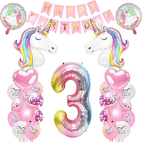 iWheat Luftballon 3. Geburtstag Rosa, Einhorn Deko 3. Kindergeburtstag, Einhorn Geburtstagsdeko 3 Jahr Mädchen, Geburtstags Deko Mädchen 3 Jahr, Riesen Folienballon Zahl 3, Happy Birthday Banner von iWheat