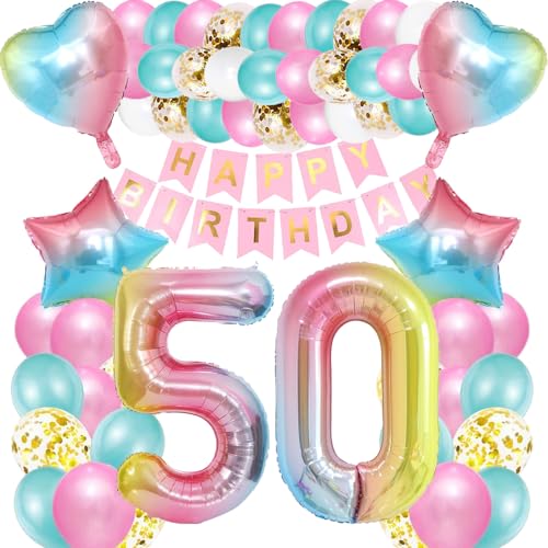 iWheat Luftballon 50. Geburtstag Rosa, Deko 50. Geburtstag Mädchen, Geburtstagsdeko 50 Jahre Mädchen, Riesen Folienballon Zahl 50, Happy Birthday Banner Bunt Folienballon Zahl 50 für Kinder Mädchen von iWheat