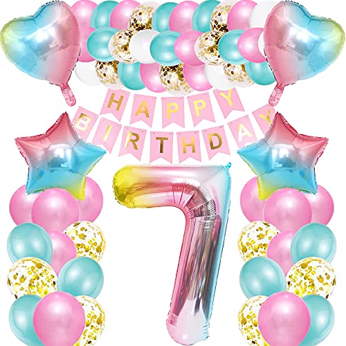 iWheat Luftballon 7. Geburtstag Rosa, Deko 7. Geburtstag Mädchen, Geburtstagsdeko 7 Jahre Mädchen, Riesen Folienballon Zahl 7, Happy Birthday Banner Bunt Folienballon Zahl 7 für Kinder Mädchen von iWheat
