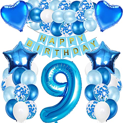 iWheat Luftballon 9. Geburtstag Blau, Deko 9. Geburtstag Junge, Geburtstagsdeko 9 Jahr Junge, Riesen Folienballon Zahl 9, Happy Birthday Banner Folienballon Zahl 9 für Kinder Junge von iWheat