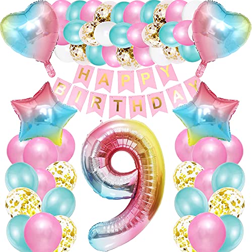 iWheat Luftballon 9. Geburtstag Rosa, Deko 9. Geburtstag Mädchen, Geburtstagsdeko 9 Jahre Mädchen, Riesen Folienballon Zahl 9, Happy Birthday Banner Bunt Folienballon Zahl 9 für Kinder Mädchen von iWheat