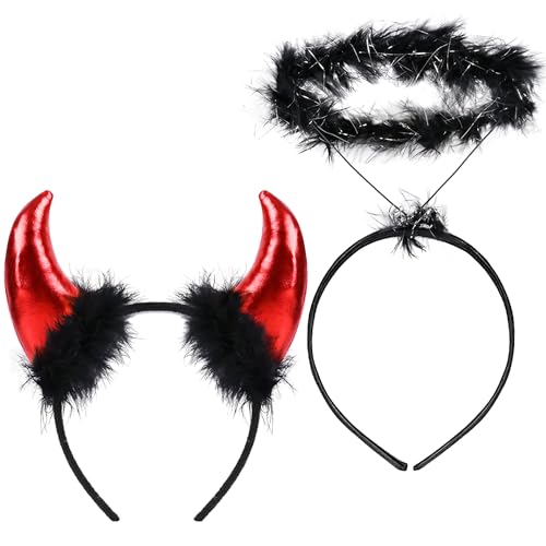 iZoeL 2Stk Haarreifen Teufelshörner Teufelsohren + Heiligenschein Schwarz Teufel Kostüm Accessoires, Damen Kinder Fasching Karneval Mottoparty Halloween Kostüm (Schwarz) von iZoeL