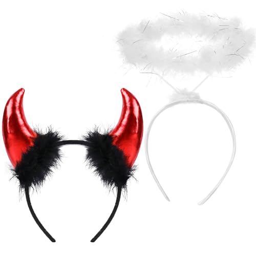 iZoeL 2Stk Haarreifen Teufelshörner Teufelsohren + Heiligenschein Schwarz Teufel Kostüm Accessoire, Damen Kinder Fasching Karneval Mottoparty Halloween Kostüm (Weiß) von iZoeL