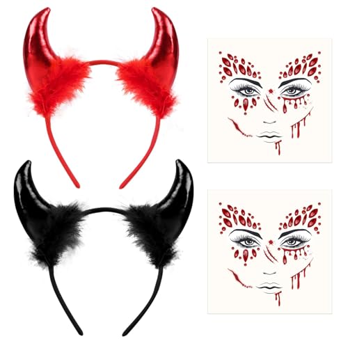 iZoeL 2Stk Haarreifen Teufelshörner Teufelsohren Teufel Tattoos Teufel Kostüm Accessoire, Damen Kinder Faschingkostüme Karneval Mottoparty Halloween Kostüm von iZoeL