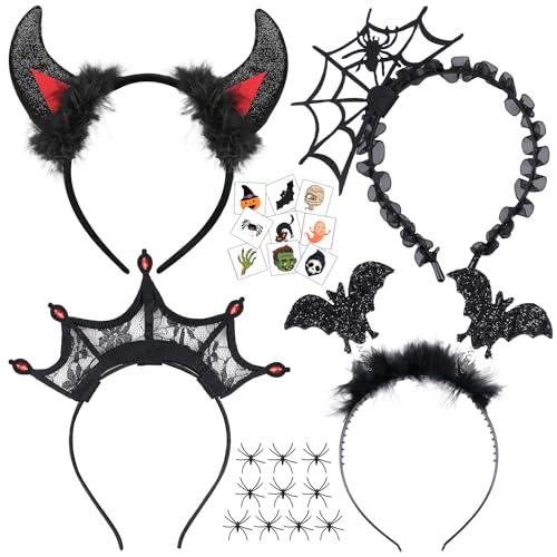 iZoeL 4 STK Stirnband Haarreifen Damen Kinder Teufelhaarreifen Fledermaus Spinnenn Kronen Haarreifen Fasching Kostüm Accessories fasching cosplay Karneval Haar Accessories von iZoeL