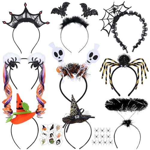 iZoeL 9 STK Halloween Stirnband Haarreifen Damen Kinder Teufelhaarreifen Fledermaus Spinnenn Kronen Hexe Haarreifen Halloween Kostüm Accessories fasching cosplay Halloween Haar Accessories von iZoeL