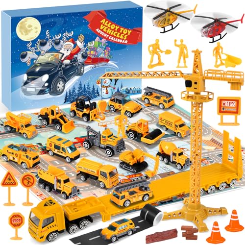 iZoeL Adventskalender 2024 Autos Kinder Junge 24 Fahrzeuge aus Legierung Baustelle Bagger Lastwagen Flugzeuge Baufahrzeug Fahrzeugekalender Weihnachtskalender von iZoeL