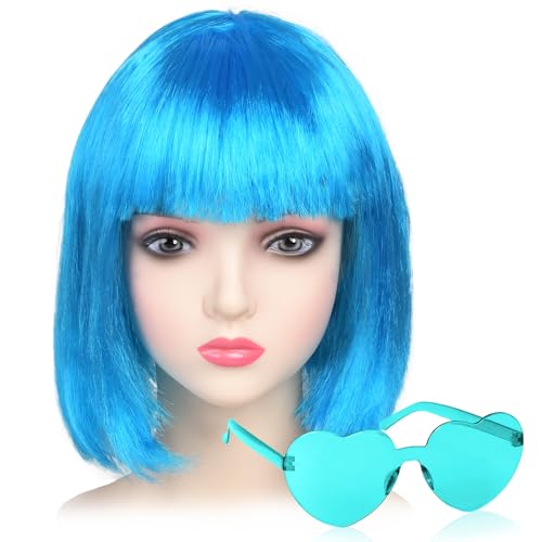 iZoeL Bob Perücke Kurze Bob Wig Damen Hellblau Haar Perücken Gerade mit Flach Pony 80er 70er Jahre Perücke Brille Karneval Fasching Cosplay Perücke von iZoeL