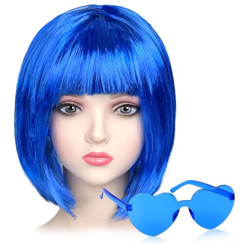 iZoeL Bob Perücke Kurze Bob Wig Damen Blau Haar Perücken Gerade mit Flach Pony 80er 70er Jahre Perücke Brille Karneval Fasching Cosplay Perücke von iZoeL