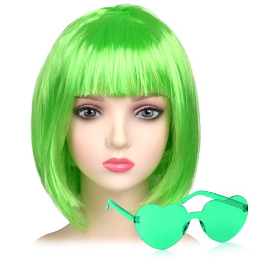 iZoeL Bob Perücke Kurze Bob wig Damen Grün Haar Perücken Gerade mit Flach Pony 80er 70er Jahre Perücke Brille Karneval Fasching Cosplay Perücke von iZoeL