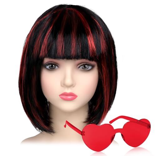 iZoeL Bob Perücke Kurze Bob Wig Damen Haar Perücken Gerade mit Flach Pony 80er 70er Jahre Perücke Brille Karneval Fasching Cosplay Perücke(Schwarz mit roten Strähnen) von iZoeL