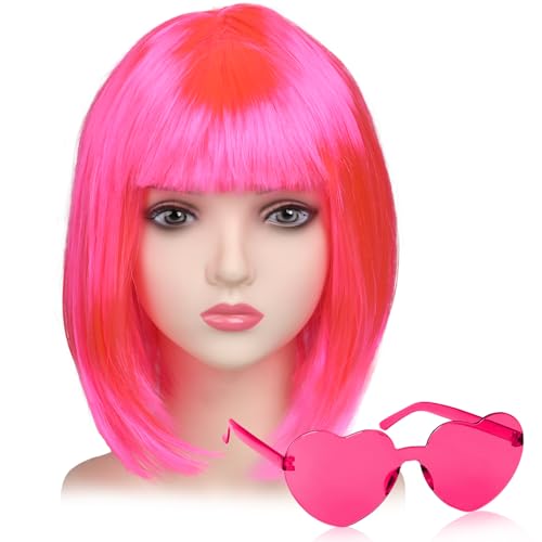 iZoeL Bob Perücke Kurze Bob wig Damen Rosa Haar Perücken Gerade mit Flach Pony 80er 70er Jahre Perücke Brille Karneval Fasching Cosplay Perücke von iZoeL