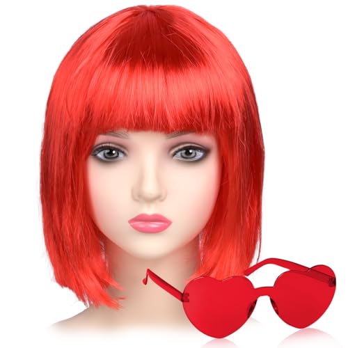 iZoeL Bob Perücke Kurze Bob Wig Damen Rot Haar Perücken Gerade mit Flach Pony 80er 70er Jahre Perücke Brille Karneval Fasching Cosplay Perücke von iZoeL