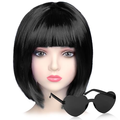 iZoeL Bob Perücke Kurze Bob wig Damen Schwarz Haar Perücken Gerade mit Flach Pony 80er 70er Jahre Perücke Brille Karneval Fasching Cosplay Perücke von iZoeL