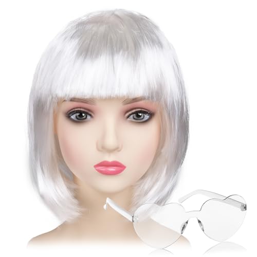 iZoeL Bob Perücke Kurze Bob wig Damen weiß Haar Perücken Gerade mit Flach Pony 80er 70er Jahre Perücke Brille Karneval Fasching Cosplay Perücke von iZoeL