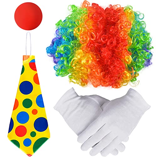 iZoeL Clown Kostüm Accessoire, Clown Lockenperücke + Clownsnase + Bunte Krawatte + Handschuhe, Halloween Fasching Karneval Kostüme für Kinder Damen Herren von iZoeL