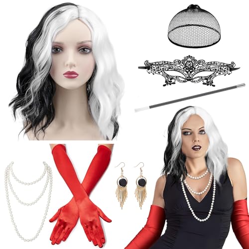 iZoeL Cruella kostüm damen, 70er Jahre Accessoires,schwarze und weiße Perücke Cruella Perücke Perlehalskette Ohrringe Handschuhe, Damen Mädchen Faschingkostüme Karneval Motto Cosplay Halloween von iZoeL