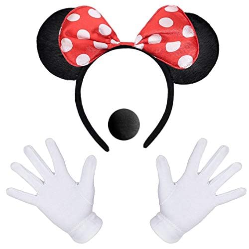 iZoeL Damen Maus Mouse kostüm Haarreif mit Maus Ohren Rote Schleife und Schwarz + weiße Handschuhe + Nase,Damen Mädchen Faschingkostüme Halloween Karneval Mottoparty Cosplay Party von iZoeL