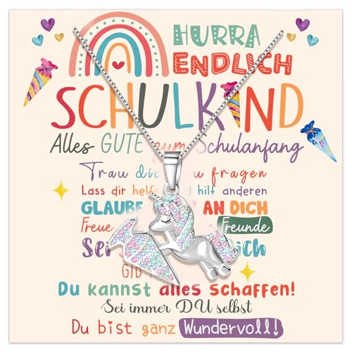 iZoeL Einschulung Geschenk Mädchen Einhorn Halskette Schultüte Füllung Mädchen 2025 Schulkind Schulanfang Geschenk Glücksbringer mit Grußkarte Geschenkbox von iZoeL